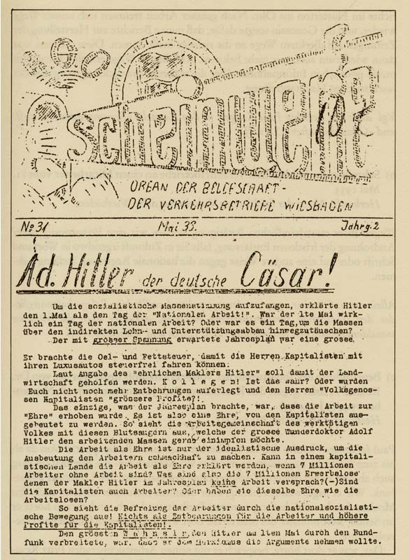 Titelseite der illegalen Betriebszeitung der Revolutionären Gewerkschaftsopposition der KPD für die Beschäftigten der Verkehrsbetriebe Wiesbaden, Mai 1933 [ZUM RGO-SCHEINWERFER]